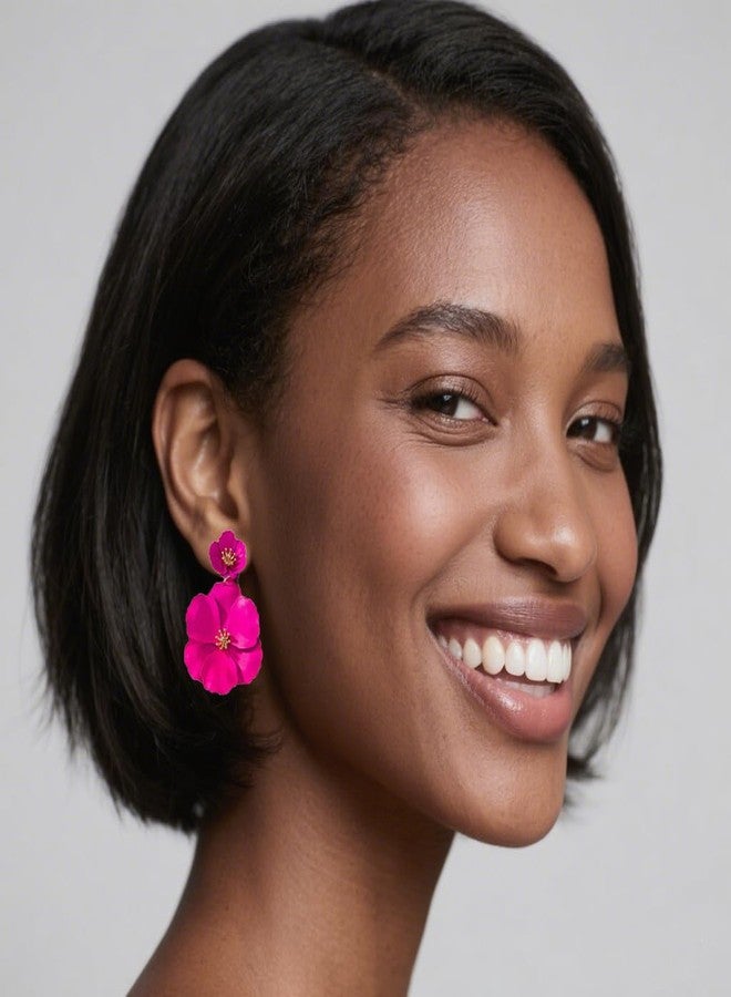 ZENCHEER Flower Clip On Earrings - Floral Petal Drop Earrings Statement Hypoallergenic Flower Stud Earring for Women Wedding Jewelry Gifts (Hot Red) - Image 3